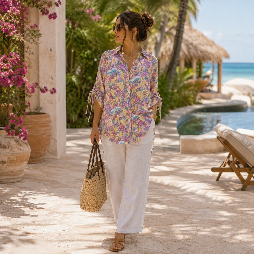 La Porte Swirl Buttondown Shirt Pastel Floral Cinch Sleeve Linen XS NWT Resort